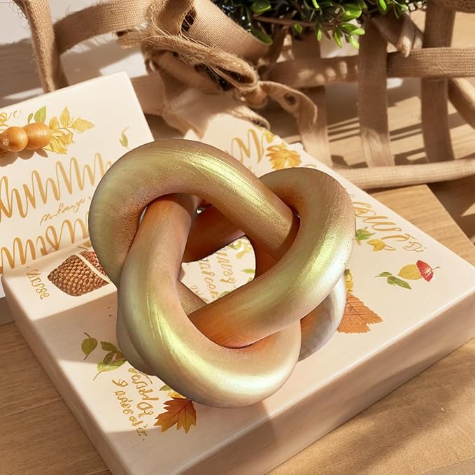 Wood Knot Decor -Coffee Table Decor Shelf Decor Table Books Hand Carved Home Decoration Boho Country Rustic Modern Shabby Chic Style 3 Link Wooden Knot Chain Link Decor (Gold)