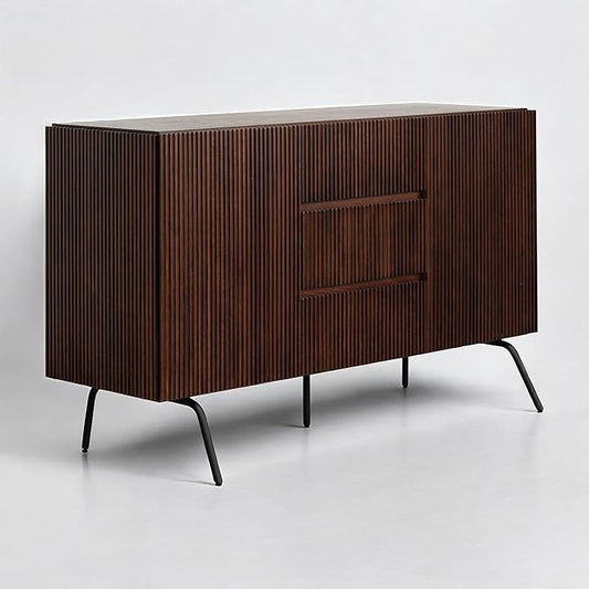 NTC Veil Sideboard with 2 Doors and 3 Drawers, Buffet Cabinet with Vertical Groove Design and Metal Legs, Storage Cabinet for Living Room, and Entryway, Effortless Assembly - Dark Walnut