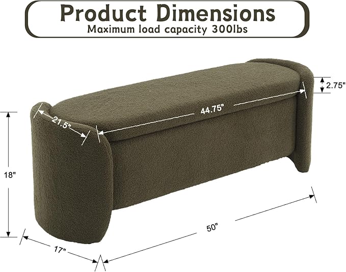 Modern Green Storage Ottoman Bench - Upholstered Boucle Teddy Fabric 50" End of Bed With Sherpa Seating for Bedroom/Entryway/Living Room/Window