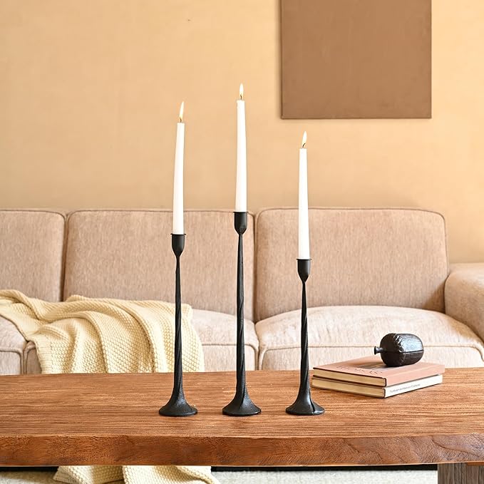 Set of 3 Candle Stick Holders, Iron Black Candlestick Holders, Fits 3/4 inch Fits 3/4 inch Thick Candles, Tapered Candle Holders Tall Set for Dining Table, Wedding, Home Decoration