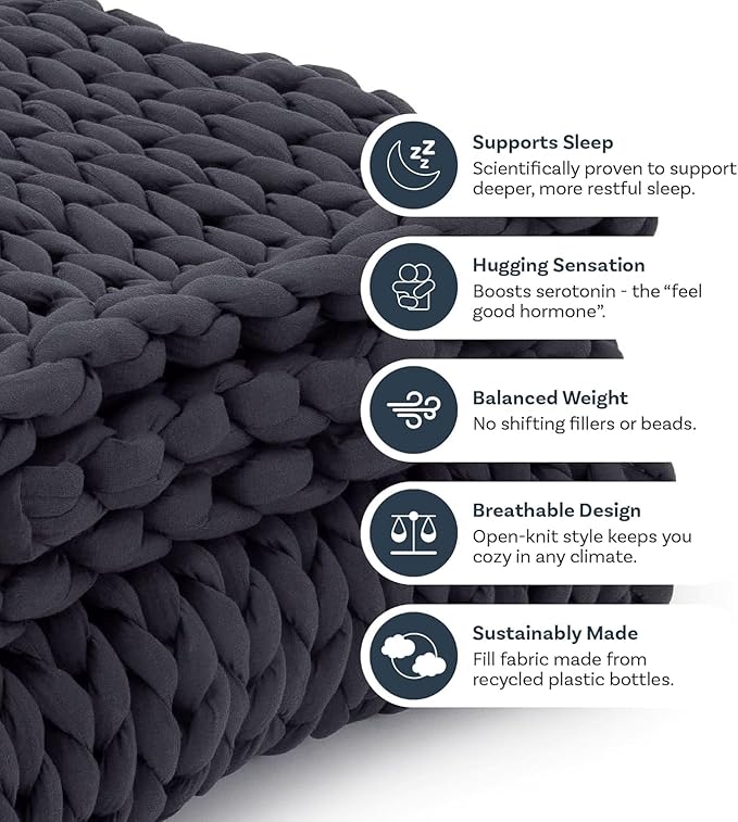Nuzzie Chunky Knit Weighted Blanket - Breathable, Cooling, Hand Made Knit Throw Blanket for Sleep - Machine Washable, Stylish Decor Design (Misty Grey, Queen | 22lbs | 60"x80")