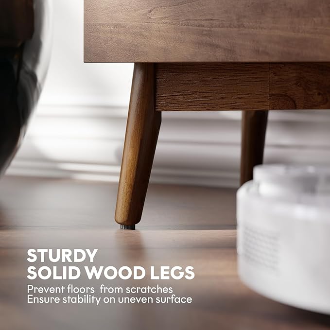 Bme Calista TV Stand 1 Drawer 2 Door – Chestnut Finish Media Console with Open Shelf & Fabric Panel Doors, Mid-Century Modern Style with Tapered Legs, Easy Assembly