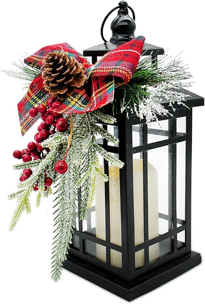 Christmas Decorative Lantern w/LED Flickering Flameless Candle - 14 Inch, Antiqued Vintage Lantern with Xmas Ornament for Outside Indoor Table Holiday Party Decoration
