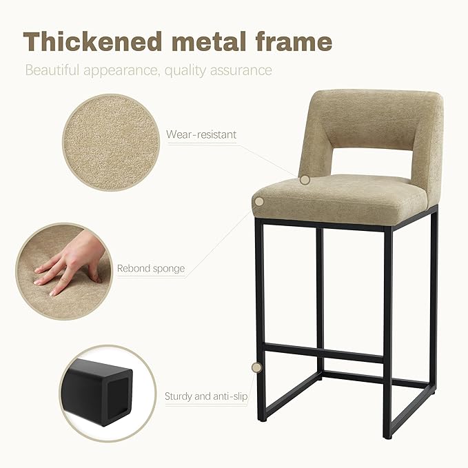 Counter Height Bar Stools Set of 3 for Kitchen Counter Modern Bar Chairs with Backs for Kitchen Island with Upholstered Fabric Seat and Metal Frame, Khaki, 26 Inch