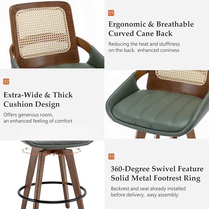 Bar Height Bar Stools Set of 2 - 29.5 inch Mid Century Modern Bar Stools with Cane Back, Curved Arms, Faux Leather Upholstered Seat, Rattan BarStools for Island/Pub/Kitchen (30" Seat Height, Green)