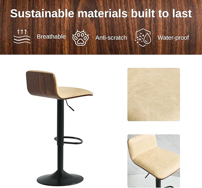 Set of 2 Swivel Bar Stools Adjustable Height, Faux Leather Barstools with Wooden Back and Footrest, Counter Height Bar Height Chairs for Kitchen Island, Dining Room, Beige