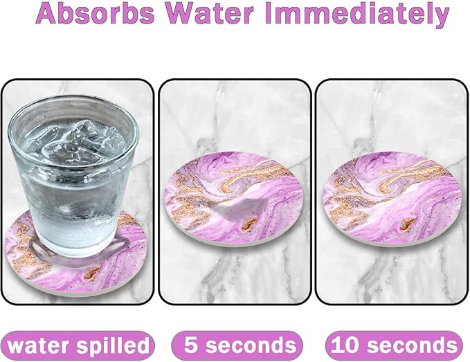 Dooke Coasters for Drinks, Round Absorbent Ceramic Stone Coasters Set of 6 with Cork Base, Funny Drink Coasters with Holder for Cold Drinks Wine Mugs and Cups Tabletop Protection, 4 Inches,Purple