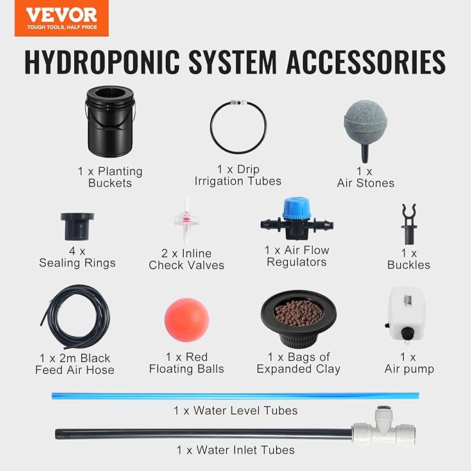 VEVOR DWC Hydroponics Grow System, Hydroponic Growing System with Top Drip Kit, 5-Gallon Deep Water Culture with Air Pump, Air Stone and Water Level Device for Leafy Vegetables(1 Bucket+Top Drip Kit)