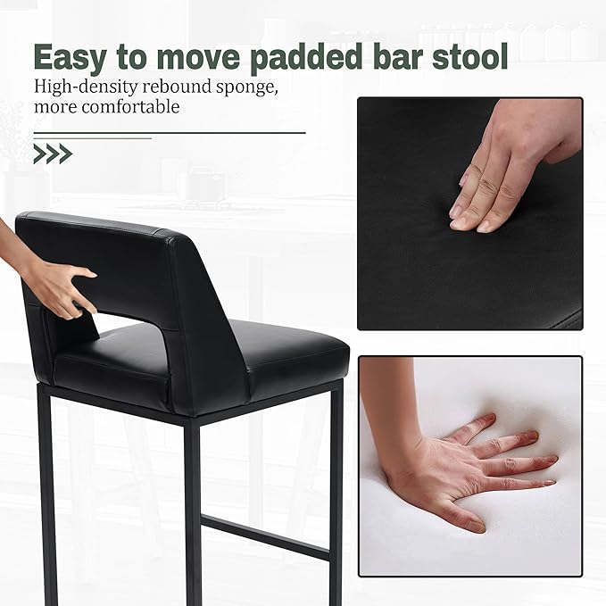 Black Bar Stools Set of 4 for Kitchen Counter Counter Height Modern Bar Chairs with Backs for Kitchen Island with Upholstered Faux Leather Seat and Metal Frame, 26 Inch