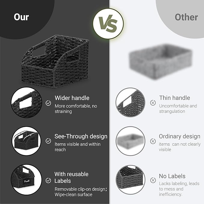 Wicker Baskets for Organizing,Pantry, Kitchen Counter with Handles, Handwoven Woven Storage Baskets for Fruit, Bread, Vegetable, Paper Storage Bins for Shelves, 3 Pack, Black