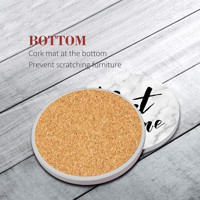 Britimes Coaster for Drinks Set of 6, Marble What You Love Inspirational Absorbent Round Ceramic Stone Mat, with Cork Base and Metal Holder, Gift for Housewarming Room Bar Decor