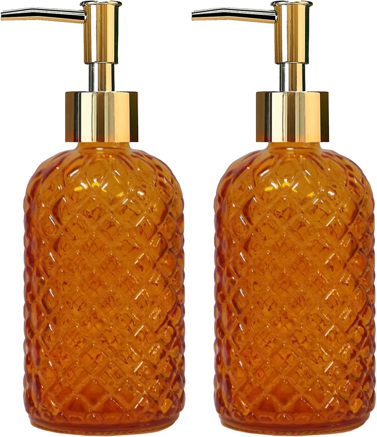 Orange Glass Soap Dispenser, 13.5oz Bathroom Hand Dispenser, Lotion Dispenser with Gold Plastic Pump for Modern Home Decor, Kitchen Countertop, Hotel(2 Pack)