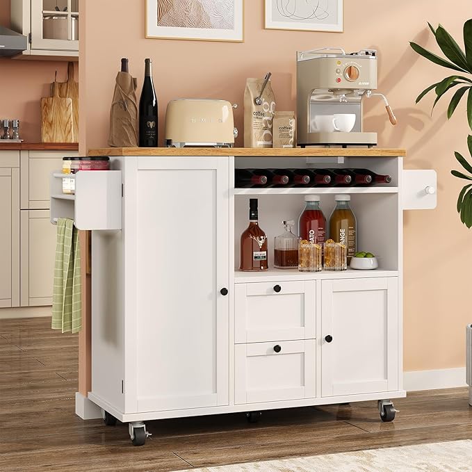 Rolling Kitchen Island with Storage Cabinet, 41.3'' Width Kitchen Cart with Desktop Drop Leaf Countertop, Portable Mobile Kitchen Island with Towel Rack, Spice Rack Shelf and Lockable Wheels, White