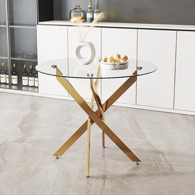 Round Tempered Glass Dining Table for 2-4 with Chromed Legs, 35.5 Inch Modern Small Kitchen Table Dining Room Table for Kitchen Dining Room (Gold)