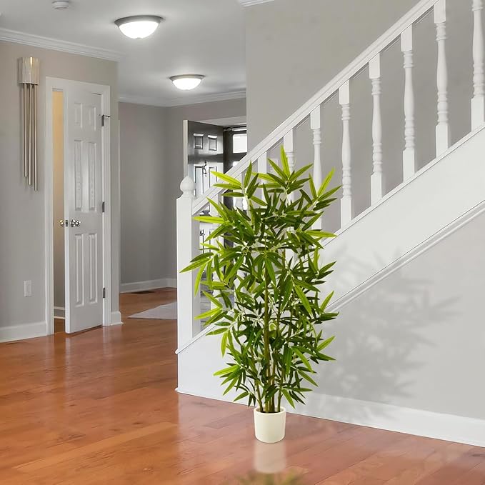 Artificial Bamboo Tree, 5ft Tall Fake Bamboo Plant with White Planter, Faux Trees with 5 Trunks and Lifelike Leaves for Indoor Outdoor Home Office Décor