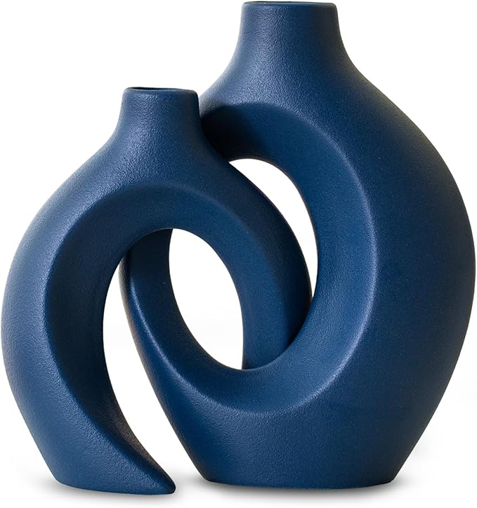 Snuggle Hollow Ceramic Vase Set of 2, 8.4 inch Modern Nordic Coastal Shaped Pampas Grass Aesthetic Decorative Table Vases for Home Decor (Matte Navy Blue - M)