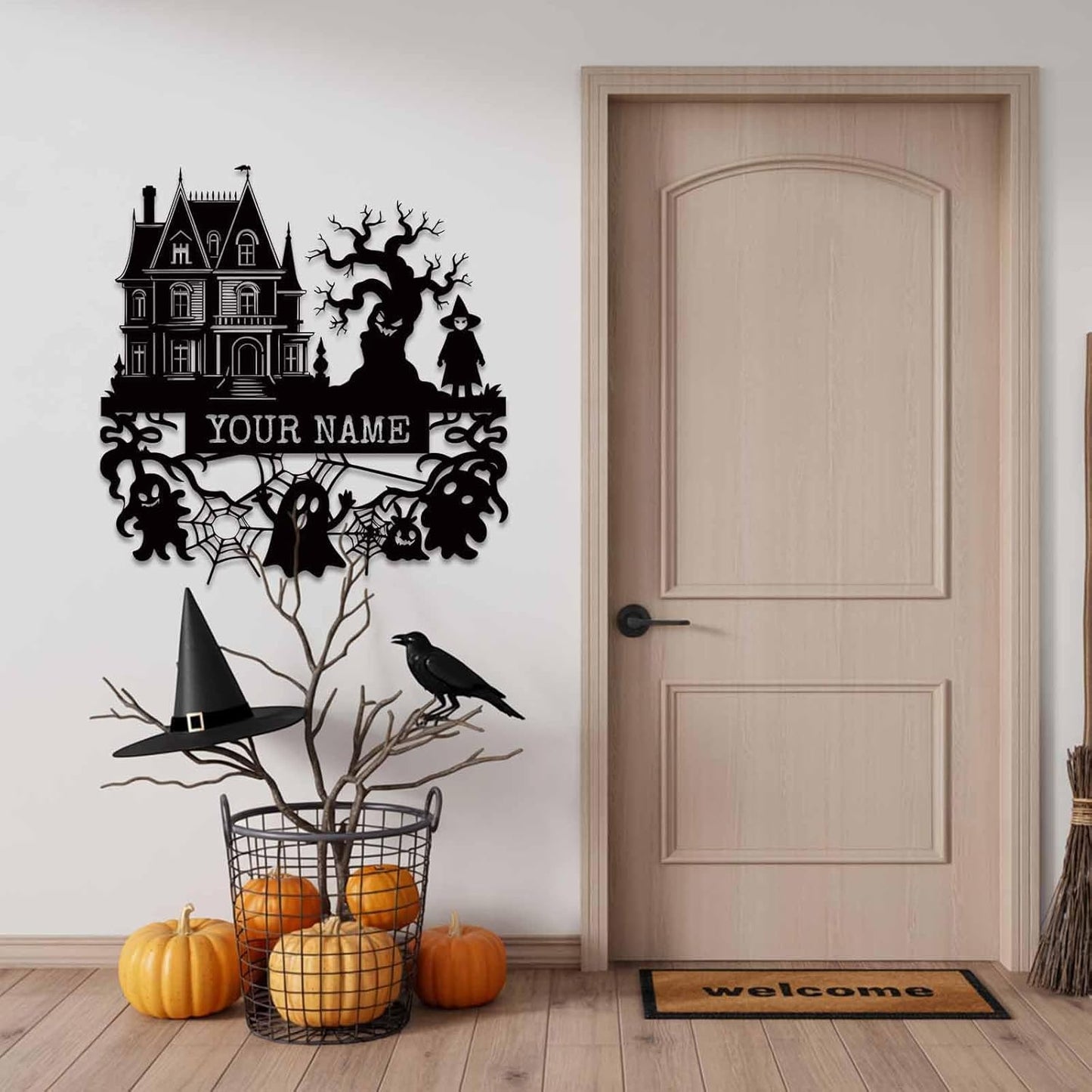 Personalized Haunted House Signs, Family Name Signs, Custom Halloween Metal Wall Art with Witch Bats Pumpkins Skull Ghost Spider, Gothic Home Decor for House, Halloween Party, Living Room