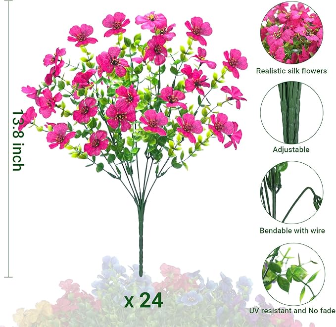 24 Bundles Artificial Flowers for Outdoors & Indoors – UV Resistant Faux Plastic Plants for Garden, Patio, Porch, Window Box, Home Decor – Lush & Vibrant Fake Flowers, Rose red