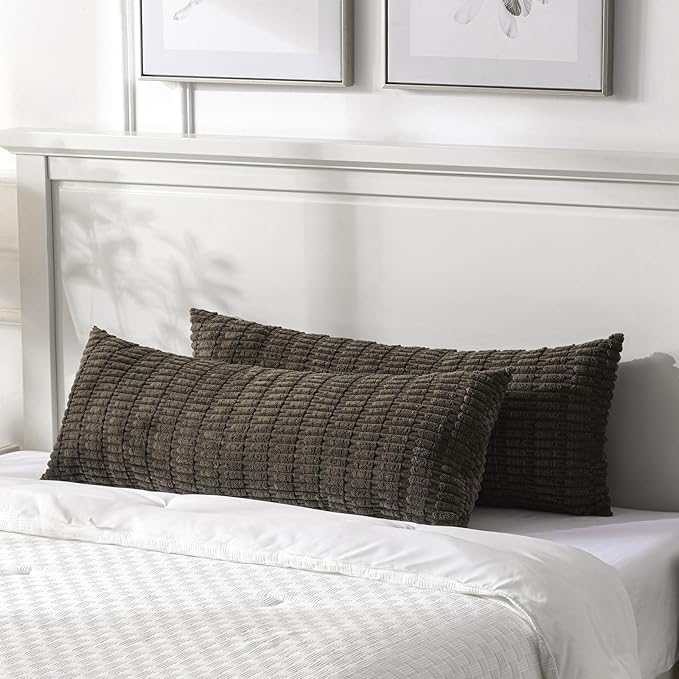 Fancy Homi 2 Packs Dark Brown Long Body Lumbar Decorative Throw Pillow Covers 14x36 Inch for Bed Couch Bedroom Bench, Soft Corduroy Rectangle Solid Pillow Case, Rustic Farmhouse Boho Room Decor