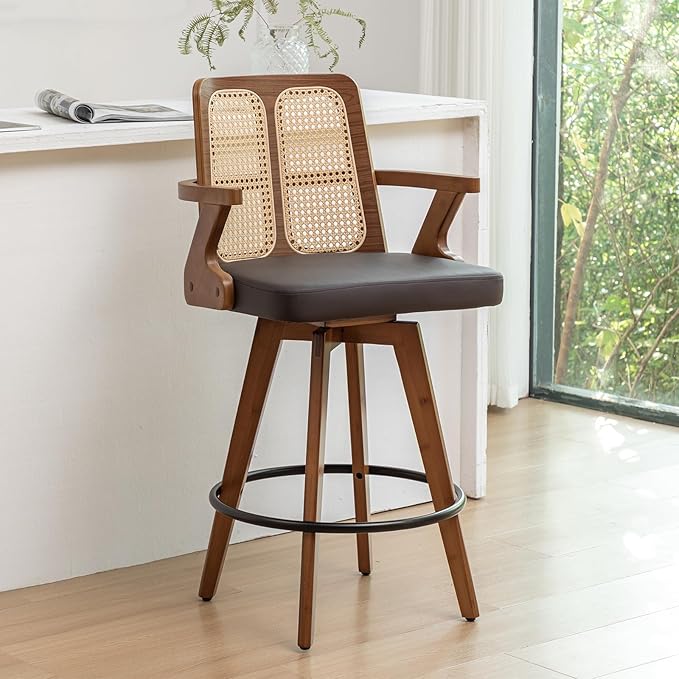 Set of 1 Swivel Counter Height Bar Stool - 27 inch Walnut Counter Stool with Cane Back, Upholstered Seat, Curved Arms, Faux Leather Bar Stool for Counter/Kitchen/Island/ (Walnut Brown)