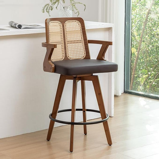 Set of 1 Swivel Counter Height Bar Stool - 27 inch Walnut Counter Stool with Cane Back, Upholstered Seat, Curved Arms, Faux Leather Bar Stool for Counter/Kitchen/Island/ (Walnut Brown)