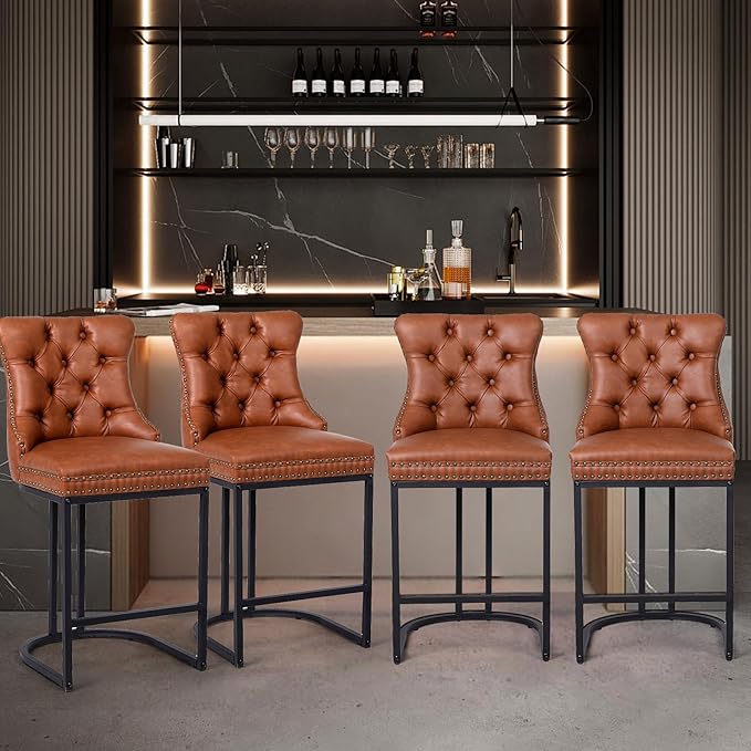 Counter Height Bar Stools Set of 2, 24" Modern Barstools with Back, Faux Leather Upholstery Counter Chairs with Metal Legs for Kitchen Island, Bar, Counter, Brown