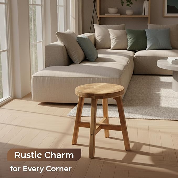 Round Stool Acacia Wood, 18" Height, 11'' Round Top, Backless, Easy Assembly, Natural Wax Finish, Wooden Stool for Plant, Dining Room, Kitchen Counter, Makeup