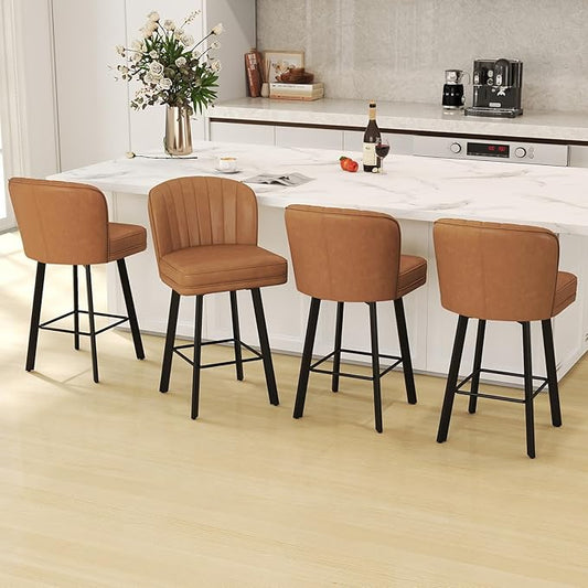 Swivel Counter Height Bar Stools Set of 4, 26'' Modern Barstools with Backs and Metal Legs, Upholstered Bar Chairs, Faux Leather Whiskey Brown Stools for Kitchen Island Chairs