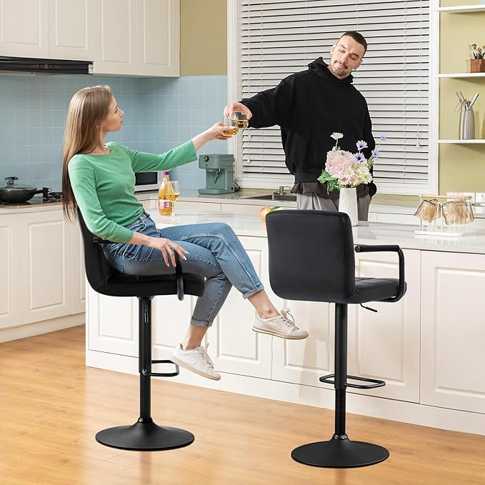 Furniliving Adjustable Barstools with Back, Black bar stools Set of 2, Velvet 360°Swivel Bar Stools, Double Stitching Counter Stools for Kitchen, Bar (Black)