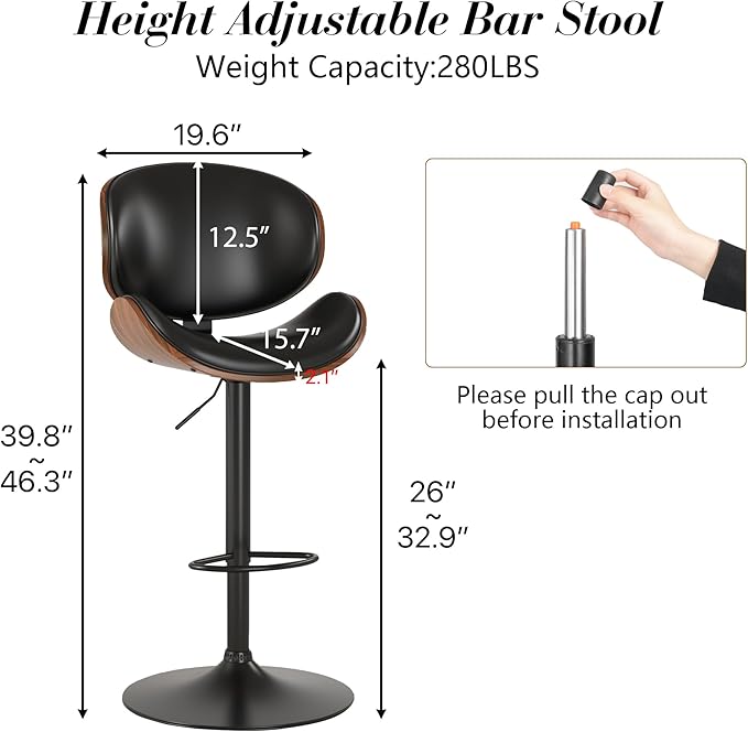 KCC Bar Stools Set of 4, Swivel Adjustable Height Barstools, PU Leather Upholstered Bar Chairs with Footrest, Bentwood Bar Stool for Kitchen, Bar, Dining Room(Black PU)