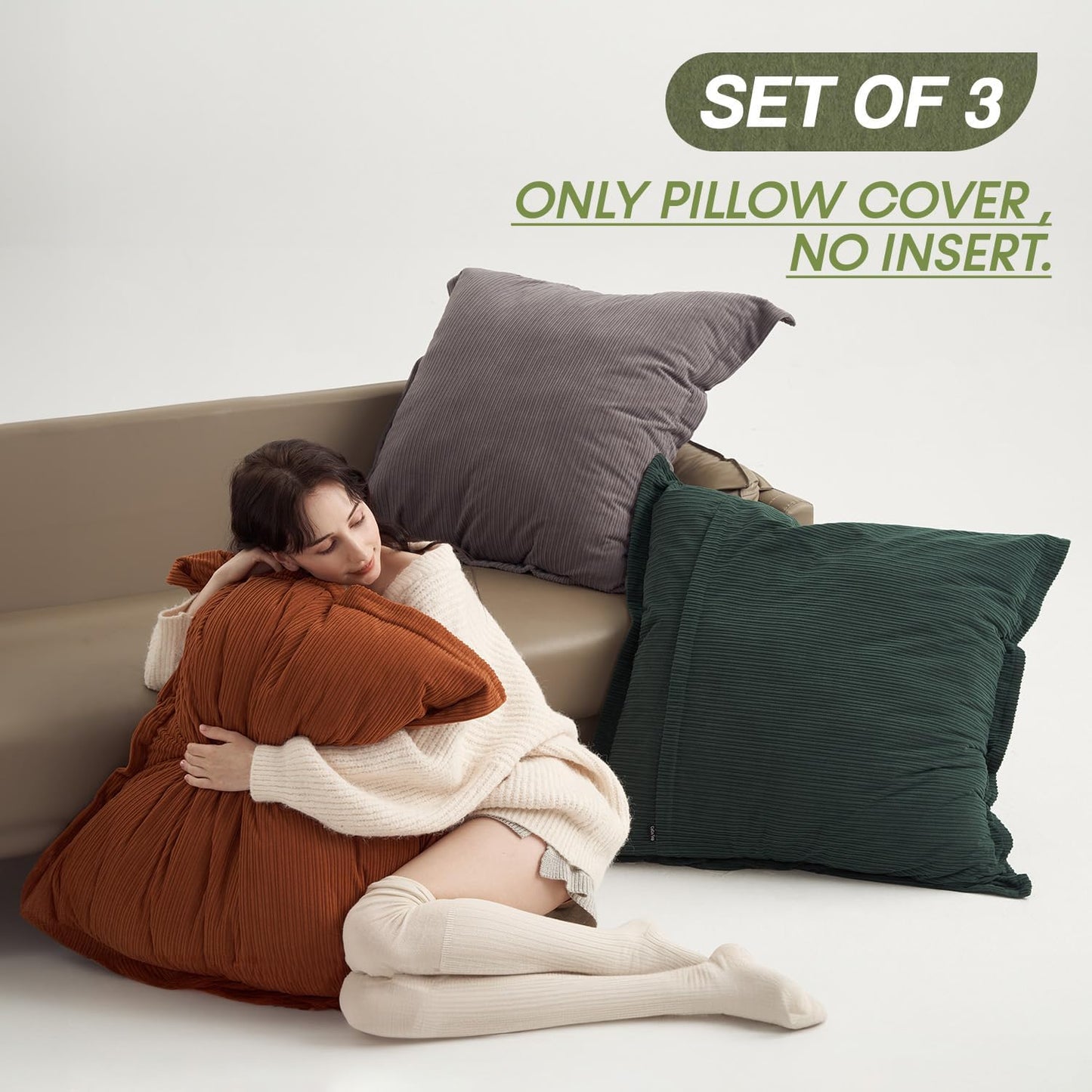 Pack of 3 Super Soft Extra Large Pillow Covers 28x28inch, Soft Textured Corduroy, Decorative Cushion Cases for Sofa, Bed, Lounge - Home Decor in（ Slate Grey, Dark Green & Rust）