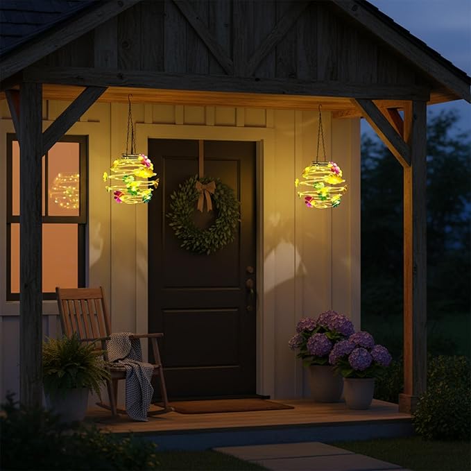 2 Pack Solar Lanterns Outdoor Waterproof , 30LED Hanging Lights with Flower Patterns for Garden Patio Yard Decor, Gift for Grandma Gardeners Women