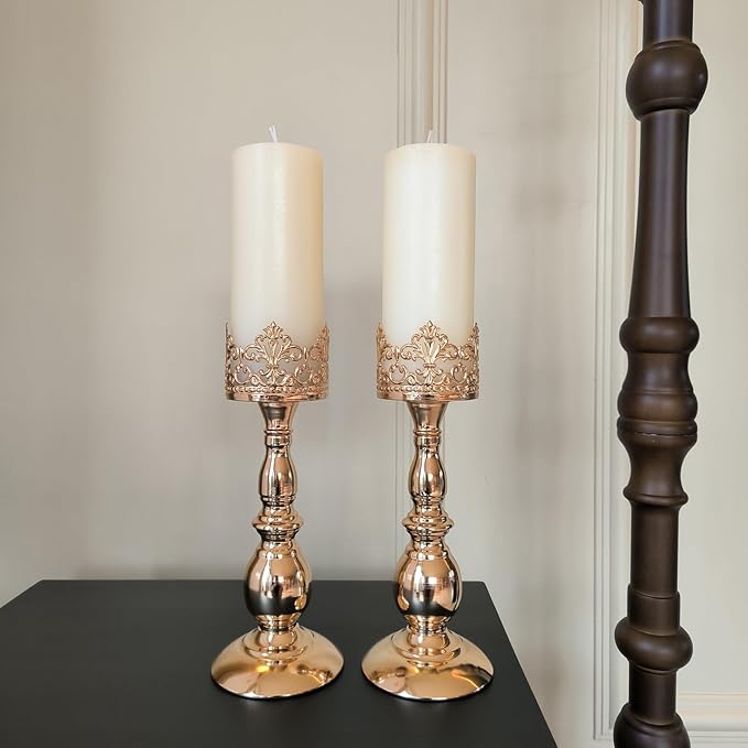 Candle Holders for Pillar Candles Gothic Matte Black Vintage Tall Candle Holders Set of 2 Decorative Large Table Centerpieces Candle Stand Decor (Gold 2PCS A)