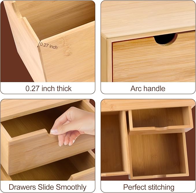 Bamboo Desk Organizer with Drawers Makeup Storage Drawer 3 Drawers Tabletop Storage Organization Desktop Drawers for Countertop Home Office Workspace Bathroom Toiletries Supplies