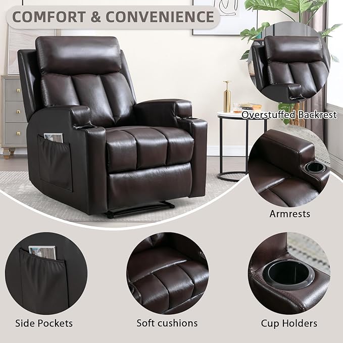 Phoenix Home Manual Recliner Chair Set of 2 with Massage and Heat, Ergonomic Overstuffed Faux Leather Recliner Single Sofa with 2 Cup Holders, Living Room Lounge Recliners on Clearance, Brown