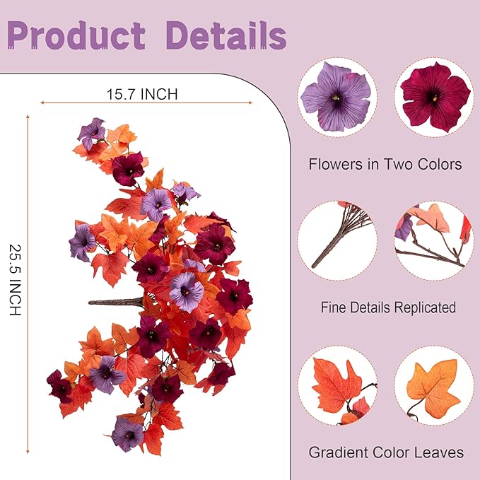 Fake Fall Flowers for Outdoors Decor 2PCS Artificial Flowers Fake Faux Silk Petunias Fall Fake Plants, UV Resistant Flower for Garden Porch Patio Balcony Realistic Autumn Decoration(Burgundy Purple)
