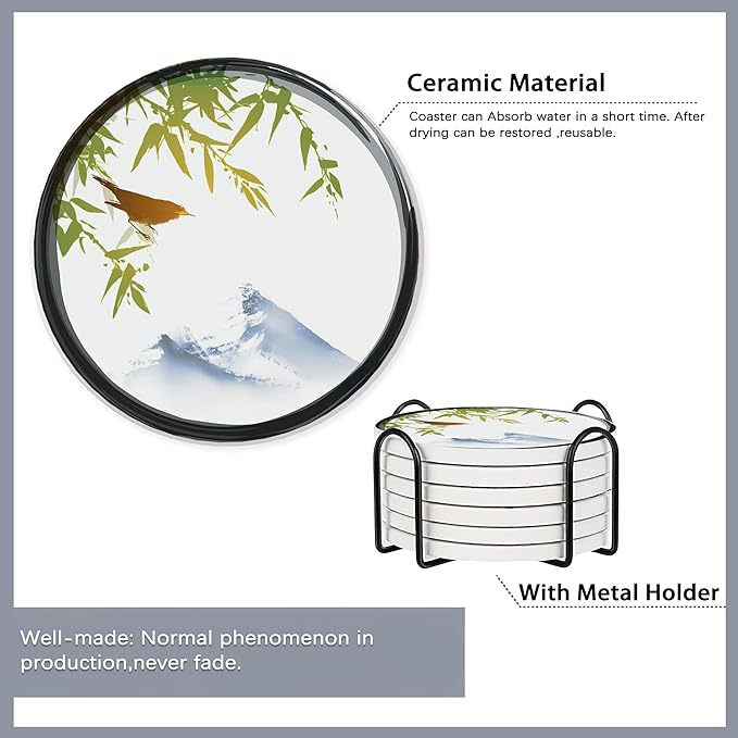 Drink Coasters Set of 6 with Holder,Japanese Cherry Blossom and Fujiyama Mountain Absorbent Ceramic Coasters with Cork Base,Fit All Cups,Tabletop Protection Mat for Mugs and Cups,Office,Kitchen