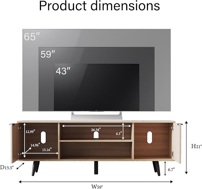 Modern TV Stand with Storage Cabinet, Wood Fashionable TV Cabinet with Waveform Panel and Adjustable Shelf, Entertainment Center TV Stand for TV, Living Room (Cream Yellow Wood Grain)
