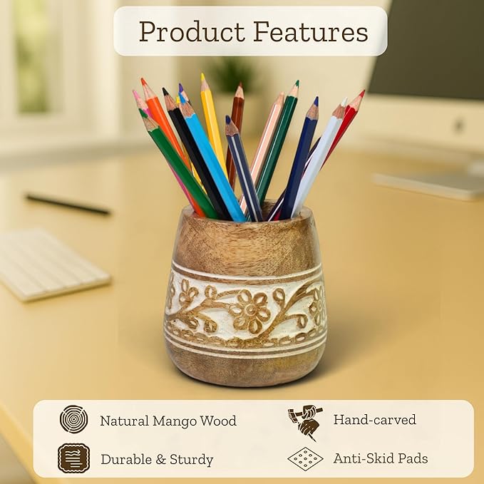 Mie Creations Designer Pencil Holder for Desk Wood | Paintbrush Holder Cup, Desk Accessories, Cute Make Up Brush Organizers | Office Desktop, Wooden Pen Stand | Stationary, Art Supplies | White-4''