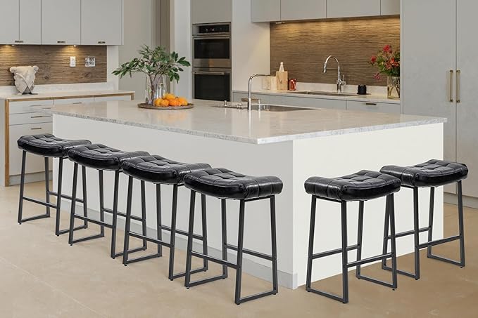 Black Modern Bar Stools Set of 6 for Kitchen Counter 24 inch Counter Height Backless Barstools with Upholstered Faux Leather Saddle Seat and Metal Frame Industrial Bar Chairs