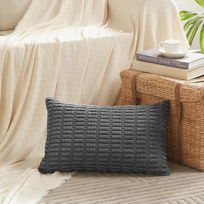 Fancy Homi 2 Packs Dark Grey Lumbar Decorative Throw Pillow Covers 12x24 Inch for Living Room Couch Bed Sofa, Rustic Farmhouse Boho Home Decor, Soft Striped Corduroy Rectangle Cushion Case 30x60 cm