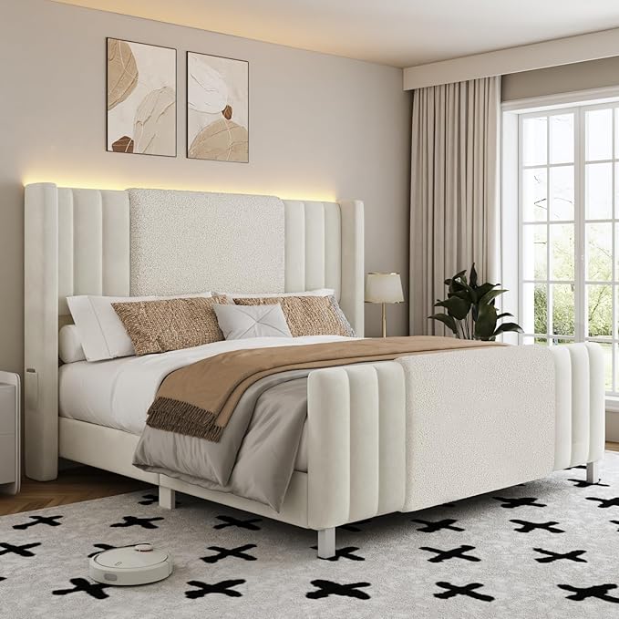 Queen Size Bed Frame with Tall Headboard and Footboard, Boucle and Velvet Upholstered Bed Frame Queen with LED Lights, Modern Platform Bed Frames, Noiseless, Easy Assembly, White