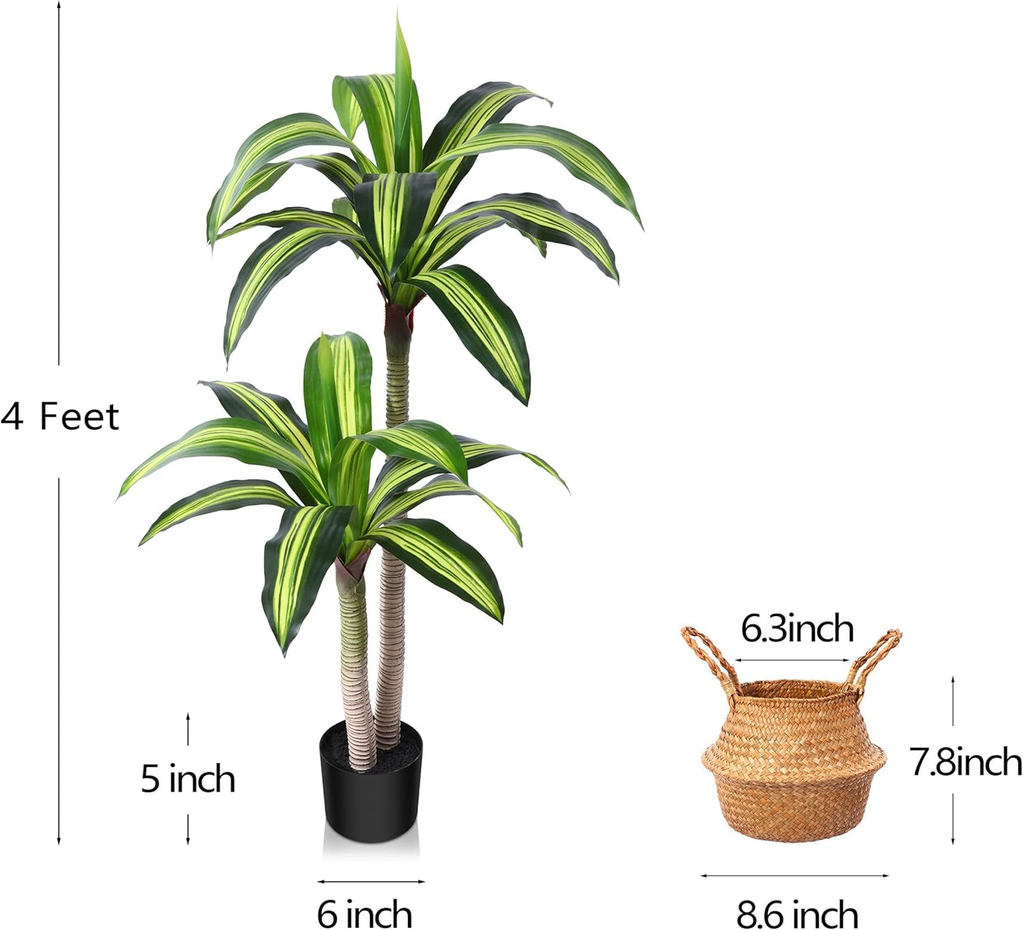 Artificial Plants, 4 Ft Dracaena Tree Faux Plants Indoor Outdoor Decor Fake Tree with Woven Seagrass Basket Plants for Home Decor Office Living Room Porch Patio Housewarming