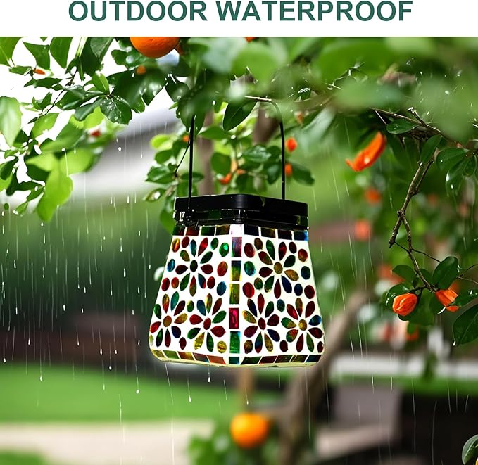 VOREEN Mosaic Solar Lanterns, Handmade Outdoor Glass Hanging Lights, Solar Table Lamps, IP44 Waterproof Lights, Deco for Garden, Patio, Yard, Party, Balcony, Gift for Mom Wife Friend, Colorful Flower