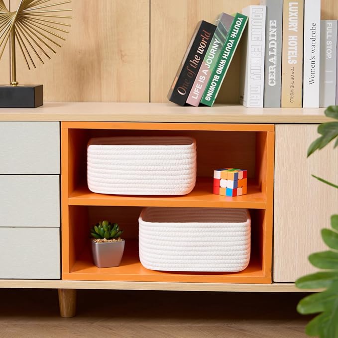 Small Square Shallow Baskets for Organizing, 9.7x9.7x4.3 Inch Rope Woven Storage Bins for Cubes Closet, Shelves Storage, Boho Decorative Basket, 2 Packs Off White