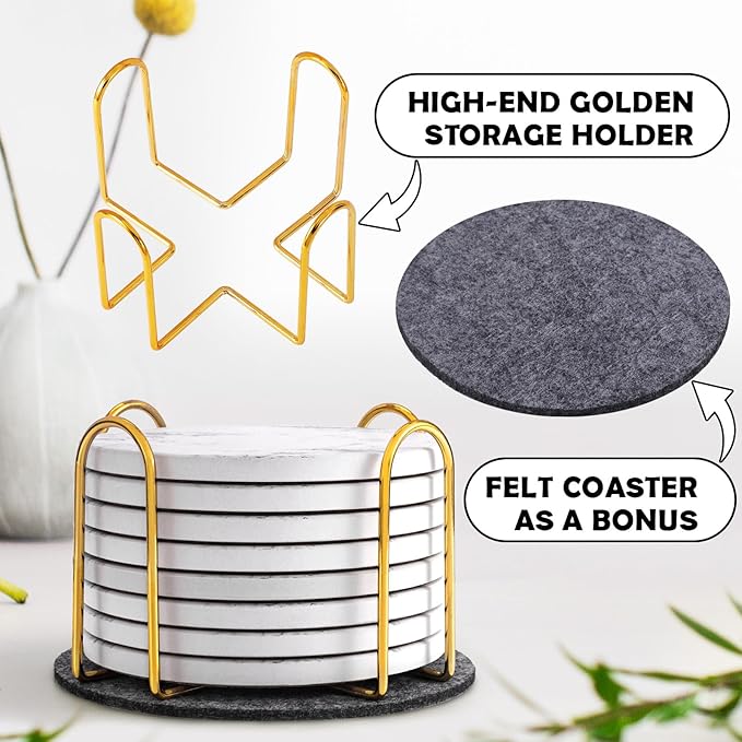 GOH DODD Coasters for Drinks Set of 8, Absorbent Stone Marble Style Ceramic Coaster Tabletop Protection Home Decor with Metal Holder for Coffee Table Housewarming Gifts Wedding Party, White, 4 Inches