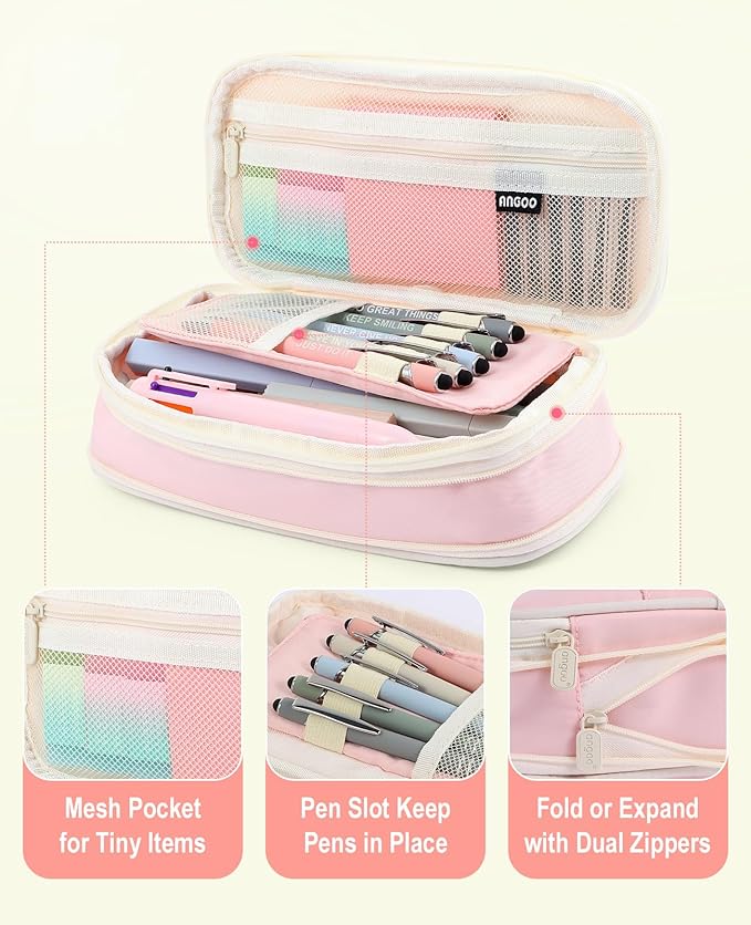 56 PCS Aesthetic School Supplies with Large Pencil Case, 5 Inspirational Ballpoint Pens, 12 Pastel Highlighters, 5 Black Ink Gel Pens, 6 Mechanical Pencils 0.5-0.7mm Student Essentials (Pink)