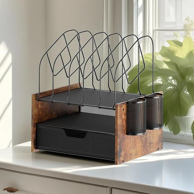 Wood Desk Organizer - 2-Tier Desktop File Organizer with Drawer with Vertical File Holder, Wooden Paper Tray, Office Desk Organzier and Accessories for Papers, Mail, Notebooks, Stationery