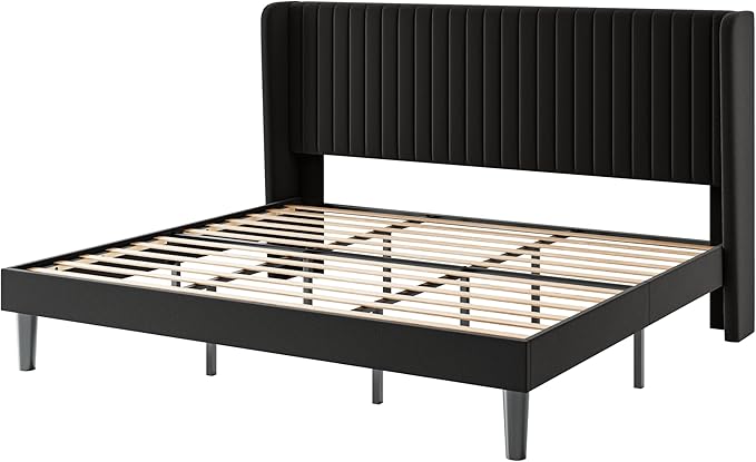 SHA CERLIN King Size Velvet Bed Frame with Vertical Channel Tufted Wingback Headboard, Upholstered Platform Bed with Wood Slats, No Box Spring Needed, Easy Assembly, Black