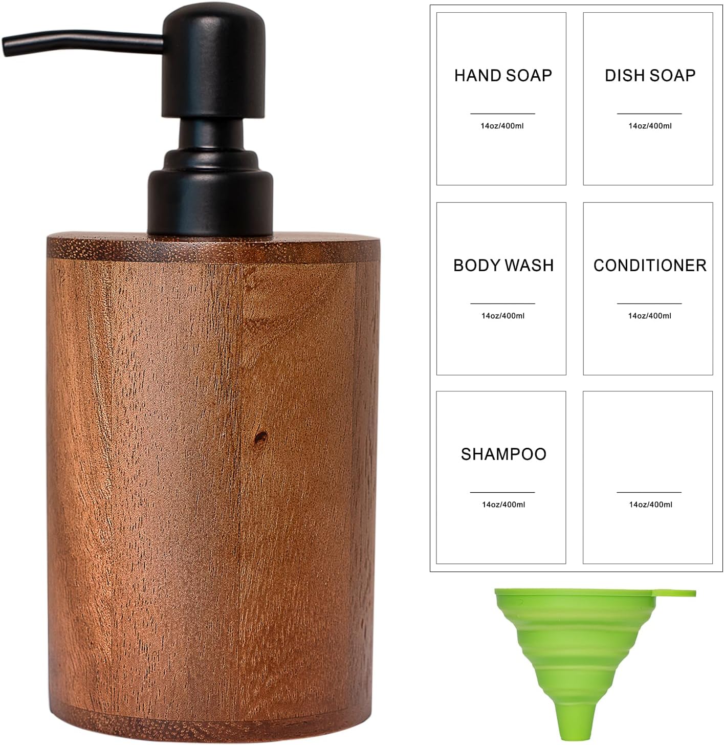 Walnut Wood Soap Dispenser, 14oz/400ml Round Cylinder Hand Soap Dispenser for Bathroom, Kitchen, with Pump Head, Funnel & Labels, Bathroom Countertop Soap Dispensers
